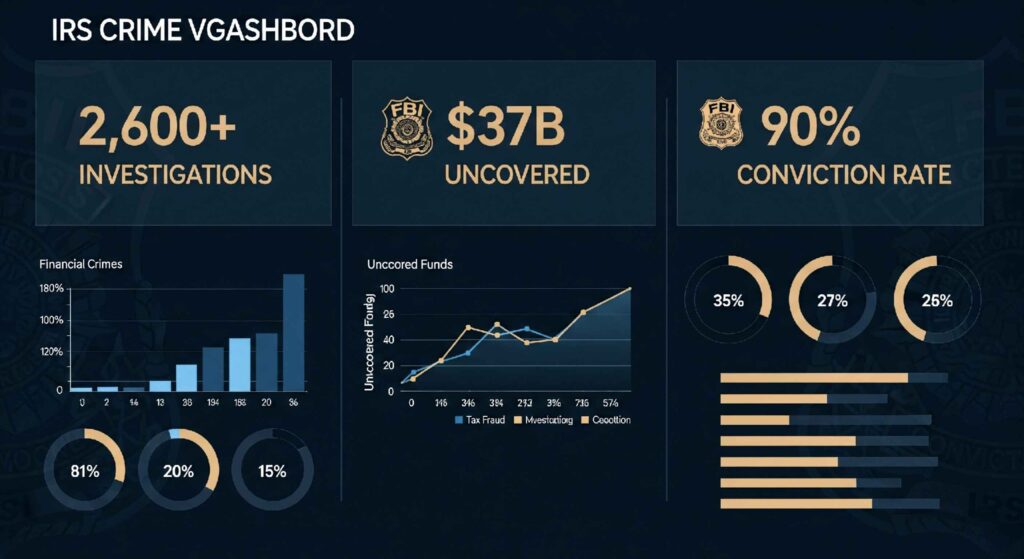 titled "IRS Crime Vgashbord" showing IRS investigation stats: 2,600+ cases, $37B in uncovered funds, and a 90% conviction rate. Includes bar, pie, and line charts visualizing financial crimes, crime types, and conviction breakdowns from 2014 to 2020.