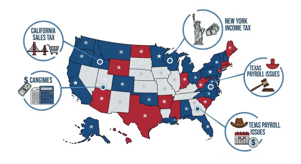 A US map infographic with states colored in red, white, and blue. Circular callout boxes around the map highlight specific tax crime examples: "California Sales Tax" with icons of the Golden Gate Bridge and a shopping cart; "New York Income Tax" with the Statue of Liberty and money; and "Texas Payroll Issues" with a cowboy hat, calendar, and money icon. There's also a callout for "$CANCIMES" with money and a calculator.