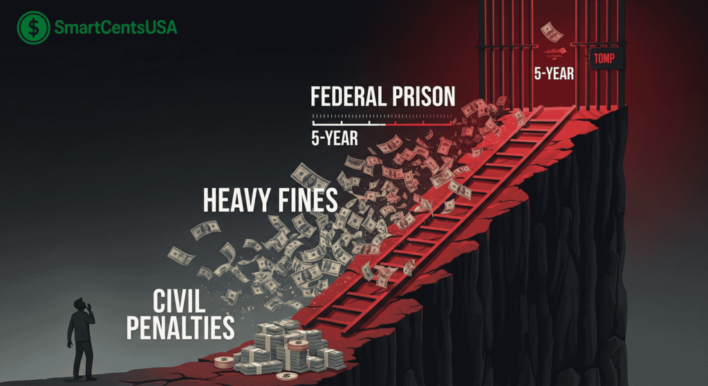 A dramatic infographic showing tax crime penalties as a series of escalating consequences on a steep cliffside. At the bottom are "CIVIL PENALTIES" with stacks of money. A ladder-like path leads up to "HEAVY FINES" with money blowing away, and finally to "FEDERAL PRISON" at the top, with a timeline indicating a "5-YEAR" sentence and prison bars. A small figure at the bottom looks up at the daunting path.