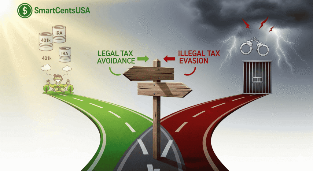 An infographic showing two diverging paths. The left path, labeled "LEGAL TAX AVOIDANCE," is a green road under a sunny sky with icons for 401k and IRA, leading to a happy person. The right path, labeled "ILLEGAL TAX EVASION," is a dark red road under storm clouds with lightning and handcuffs, leading to a prison door. A wooden signpost at the crossroads points to each path.