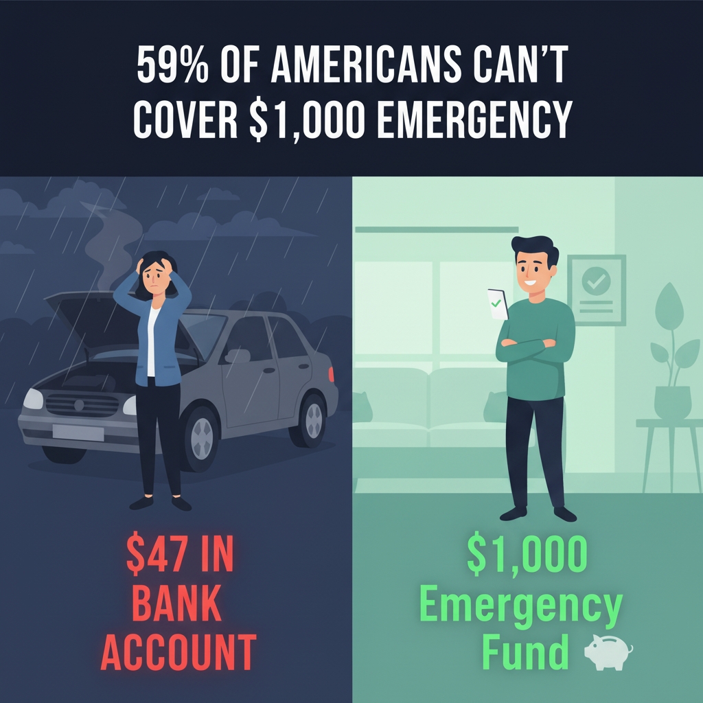 A landscape infographic is divided into two contrasting halves, illustrating the importance of an emergency fund. At the top, in bold white typography against a dark blue background, is the statistic: "59% OF AMERICANS CAN'T COVER $1,000 EMERGENCY".
The left side of the split screen, set against a dark blue, rainy night scene, depicts a worried woman with dark hair standing in front of a broken-down car with its hood open and steam rising. She holds her head in her hands, expressing distress. Below her, in glowing red text, are the words "$47 IN BANK ACCOUNT".
The right side of the split screen, set against a calm, light green background with subtle indications of a home interior (sofa and potted plant), shows a confident, smiling man with dark hair. He stands with his arms crossed, exuding a sense of peace and security. Below him, in vibrant green text, are the words "$1,000 Emergency Fund" accompanied by a small piggy bank icon. The overall design is professional and relatable, using modern typography to convey its message effectively.