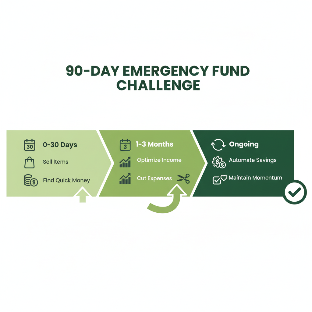 Infographic outlining a 90-day emergency fund challenge in three phases:  
- 0–30 Days: Sell unused items and find quick cash sources  
- 1–3 Months: Boost income and reduce expenses  
- Ongoing: Automate savings and sustain momentum  
Icons and arrows show progression, offering a clear roadmap to financial stability.