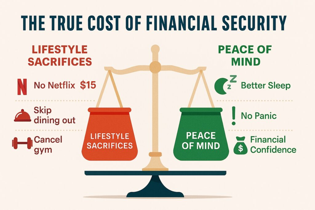 Infographic showing a balance scale: Left side lists lifestyle sacrifices like canceling Netflix, dining out, and gym. Right side highlights benefits—better sleep, no panic, and financial confidence. Visual metaphor emphasizes peace of mind outweighing small expenses.