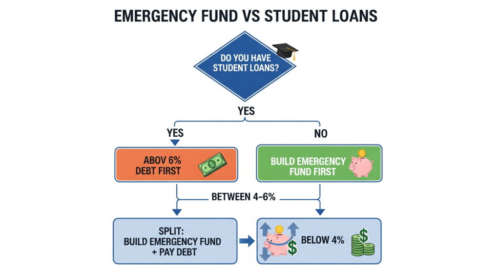 Flowchart guiding financial priorities: If no student loans, build emergency fund first. If loans exist, decision depends on interest rate—above 6% means pay debt first, 4–6% suggests splitting savings and repayment, below 4% favors emergency fund. Icons include piggy bank and dollar bill for visual clarity.