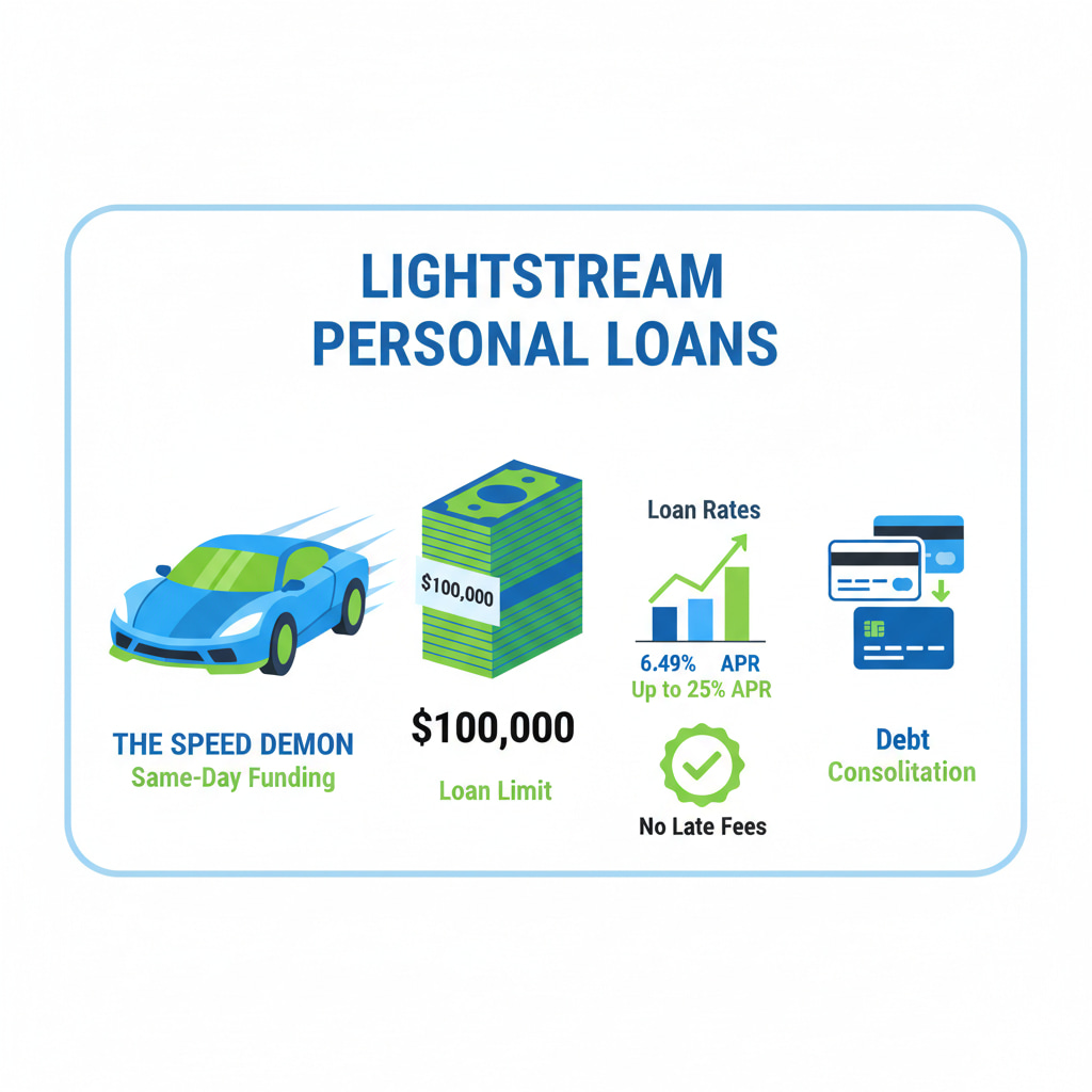 "Infographic showing LightStream loan highlights: a fast car for same-day funding, $100,000 loan limit, interest rates from 6.49% APR to 25%, debt consolidation with credit cards merging, and a green badge saying ‘No Late Fees’."