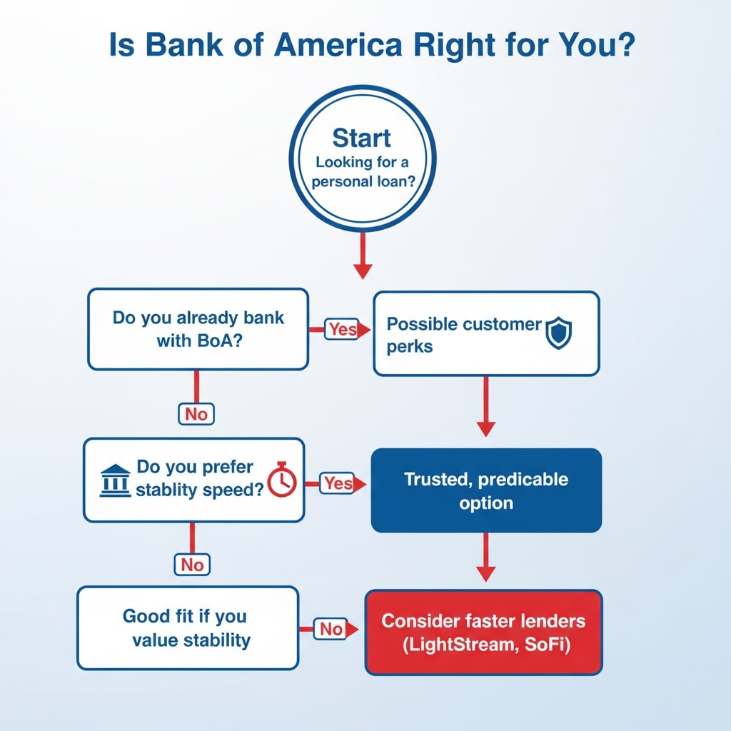 Flowchart titled "Is Bank of America Right for You?" guiding users through personal loan decisions. It begins with “Start: Looking for a personal loan?” and branches into yes/no questions. If the user already banks with BoA, it leads to “Possible customer perks.” If not, it asks about preference for “stability speed.” Choosing stability leads to “Trusted, predictable option” or “Good fit if you value stability,” which then suggests faster alternatives like LightStream or SoFi. Blue icons represent BoA options; red icons highlight other lenders. The layout uses banking and security visuals to support informed financial choices.