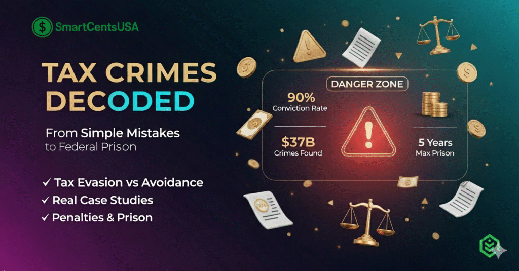 "A professional blog thumbnail titled 'TAX CRIMES DECODED'. The design features a dark gradient background with purple and teal hues. On the left, the main title 'TAX CRIMES DECODED' is in bold gold and cyan gradient text, with a subtitle 'From Simple Mistakes to Federal Prison' and key points like 'Tax Evasion vs Avoidance'. On the right, a prominent red warning triangle with an exclamation mark is centered in a 'DANGER ZONE' box, surrounded by statistics: '90% Conviction Rate', '$37B Crimes Found', '5 Years Max Prison'. Various gold and white legal and money icons (scales of justice, warning triangles, money bills, coins, documents) are floating around. The SmartCentsUSA logo is visible in the top left corner. The overall style is modern, sleek, and attention-grabbing, emphasizing the serious nature of tax crimes."