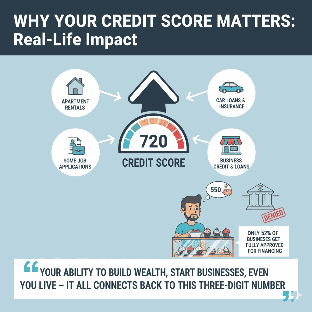 "An infographic titled 'WHY YOUR CREDIT SCORE MATTERS: Real-Life Impact' centers around a large dial representing a '720 Credit Score' with an upward arrow. Arrows branch out from the credit score to four icons, each labeled: 'Apartment Rentals' (house icon), 'Car Loans & Insurance' (car icon), 'Some Job Applications' (document icon), and 'Business Credit & Loans' (storefront icon). Below, a mini-illustration depicts a young male entrepreneur looking thoughtful or concerned behind a bakery counter, with a thought bubble above his head showing a lower credit score (550). Next to him, a bank building displays a 'DENIED' sign, with text stating 'ONLY 52% OF BUSINESSES GET FULLY APPROVED FOR FINANCING'. At the bottom, a large pullout quote reads: 'YOUR ABILITY TO BUILD WEALTH, START BUSINESSES, EVEN WHERE YOU LIVE – IT ALL CONNECTS BACK TO THIS THREE-DIGIT NUMBER'."