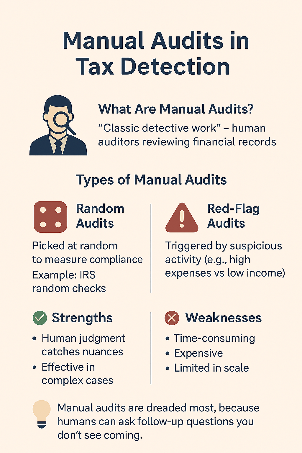 Infographic explaining manual audits in tax detection, showing two types—random audits and red-flag audits—along with their strengths and weaknesses.