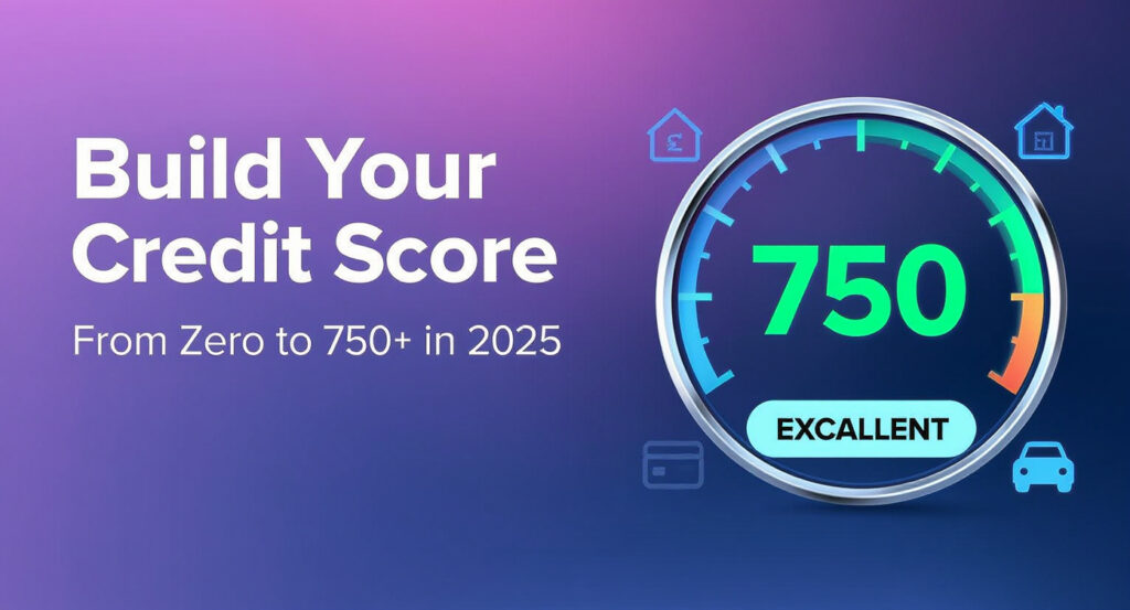 "Promotional graphic showing a credit score gauge at 750 labeled 'EXCELLENT,' surrounded by icons of a house, car, and bank, symbolizing financial goals. Bold text reads 'Build Your Credit Score: From Zero to 750+ in 2025.' Ideal for content on How to Build & Repair Your Credit with a focus on empowerment and financial literacy."