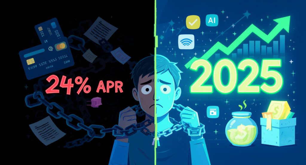 Split-image showing a dramatic contrast between financial struggle and success. On the left, a distressed person is chained to credit cards and documents under the harsh label “24% APR”, symbolizing high-interest debt and uncertainty. The background is dark with floating papers and a pink die. On the right, the same person stands free in a bright, tech-driven future marked “2025”, surrounded by icons for AI, mobile apps, and financial tools. A rising green graph, a jar of money, and a cash bag represent financial growth, planning, and prosperity.