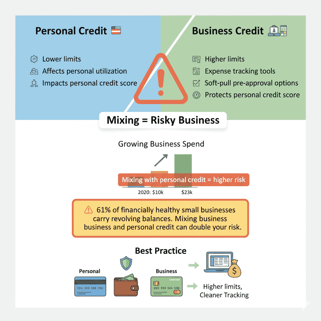 The best alt text for this image would be:
**"Infographic comparing Personal Credit and Business Credit, emphasizing that personal credit has lower limits and affects personal utilization, while business credit has higher limits and protects the personal credit score. A highlight box warns that mixing business and personal credit can double the financial risk for small businesses."**