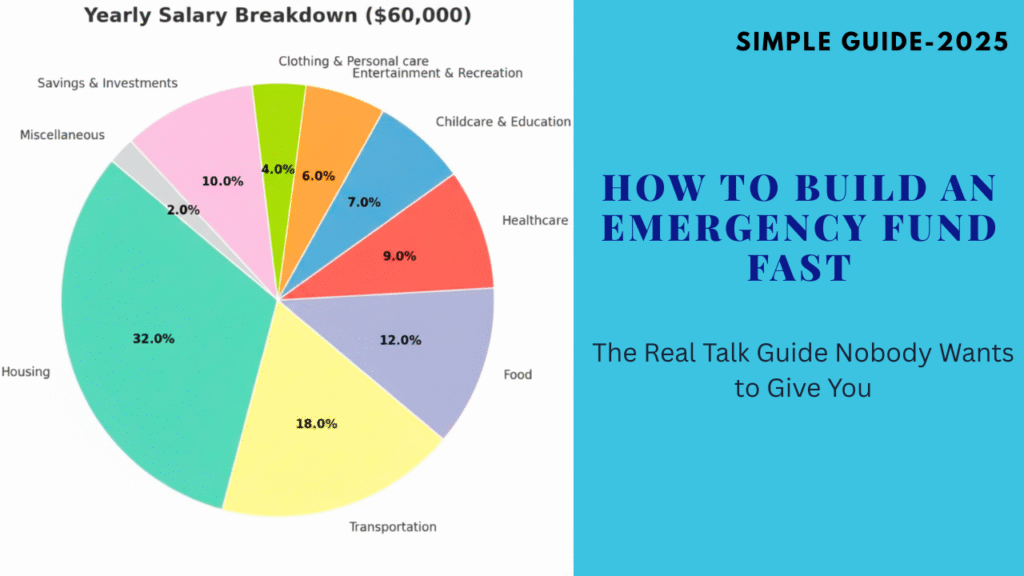 A financial infographic split into two sections. On the left, a pie chart titled “Yearly Salary Breakdown ($60,000)” shows how a $60,000 annual income is divided across expenses like housing (30%), transportation (18%), food (12%), healthcare (10%), savings (10%), and smaller categories like donations and entertainment. On the right, bold blue text reads “HOW TO BUILD AN EMERGENCY FUND FAST,” with a subtitle below: “The Real Talk Guide Nobody Wants to Give You.” Above this, the label “SIMPLE GUIDE–2025” anchors the section. The layout blends practical budgeting with urgent financial advice.