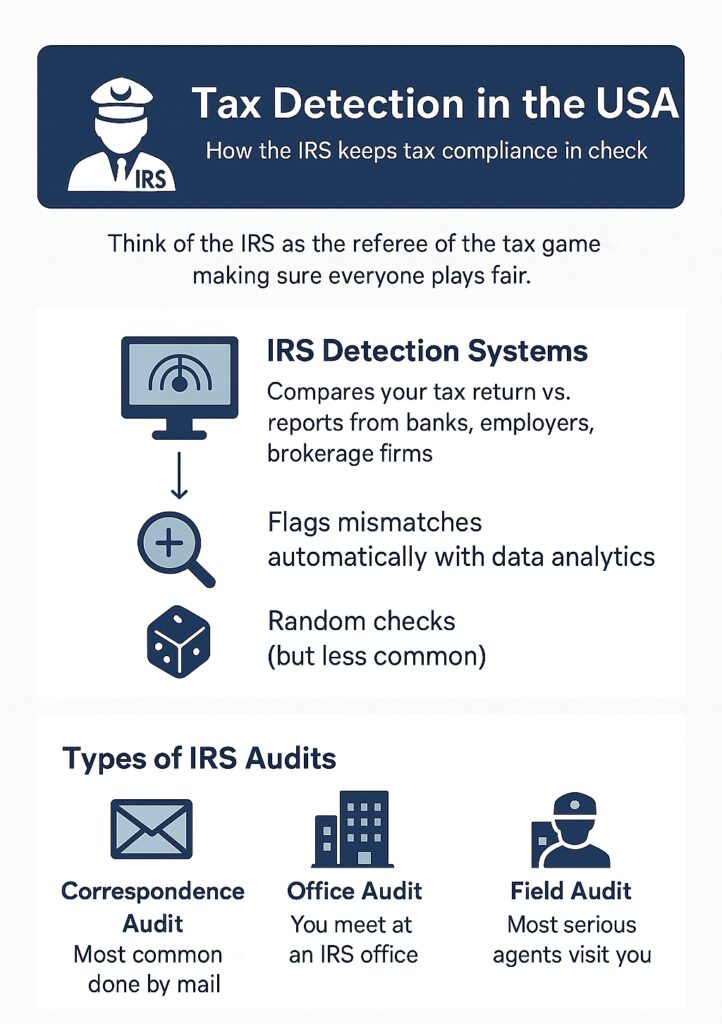 Infographic on tax detection in the USA, showing how the IRS enforces compliance through detection systems and three types of audits, correspondence, office, and field audits, with a note that most taxpayers face only correspondence audits.