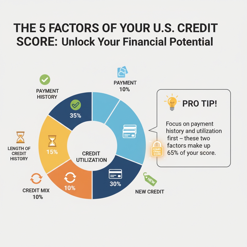 "An infographic titled 'THE 5 FACTORS OF YOUR U.S. CREDIT SCORE: Unlock Your Financial Potential' features a large donut chart illustrating the weighted importance of five credit score factors.
The factors and their percentages are:
Payment History: 35%, represented by a checkmark icon.
Credit Utilization: 30%, represented by a credit card icon.
Length of Credit History: 15%, represented by an hourglass icon.
Credit Mix: 10%, represented by a circular arrow icon.
New Credit: 10%, represented by a new tag icon.
To the right of the chart, a 'PRO TIP!' callout box with a lightbulb icon states: 'Focus on payment history and utilization first – these two factors make up 65% of your score.' A small 'Credit Score Cheat Code' padlock icon is also visible within the tip box."