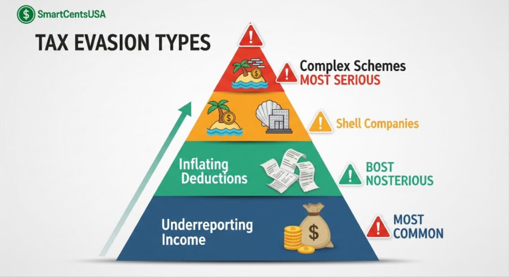 Infographic titled “Tax Evasion Types” showing a four-tier pyramid. Bottom tier (blue) represents “Underreporting Income” as most common; second tier (green) shows “Inflating Deductions” as most notorious; third tier (orange) features “Shell Companies”; top tier (red) highlights “Complex Schemes” as most serious. Each tier includes icons and descriptors to illustrate severity and prevalence.