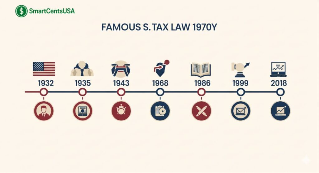 An infographic showing a horizontal timeline of famous U.S. tax law milestones. The timeline is set against a parchment-beige background with a navy blue line connecting circles for each year. Each marker includes a year in bold, a short label, and a simple icon. The entries are 1932, 1935, 1943, 1968, 1986, 1999, and 2018.