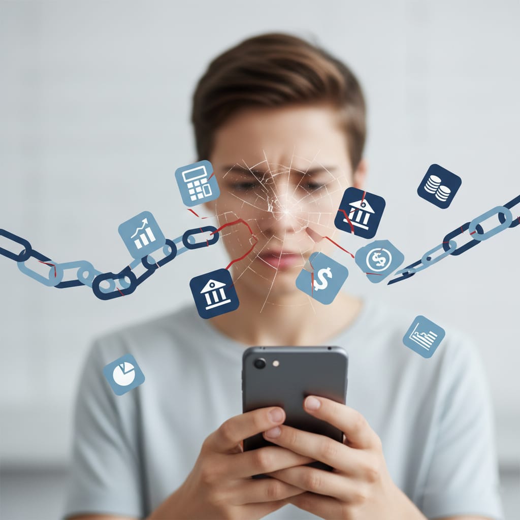 illustration featuring a frustrated millennial holding a smartphone. The phone screen has a cracked glass effect overlay. In the foreground, a broken chain made of smartphone app icons (depicting a calculator, bank, and money symbols) floats in mid-air, with some links scattered and disconnected. The color scheme primarily uses professional blues and grays, with red accents highlighting the broken elements of the chain. The style is modern minimalist with a corporate design aesthetic, symbolically representing failed budgeting attempts.