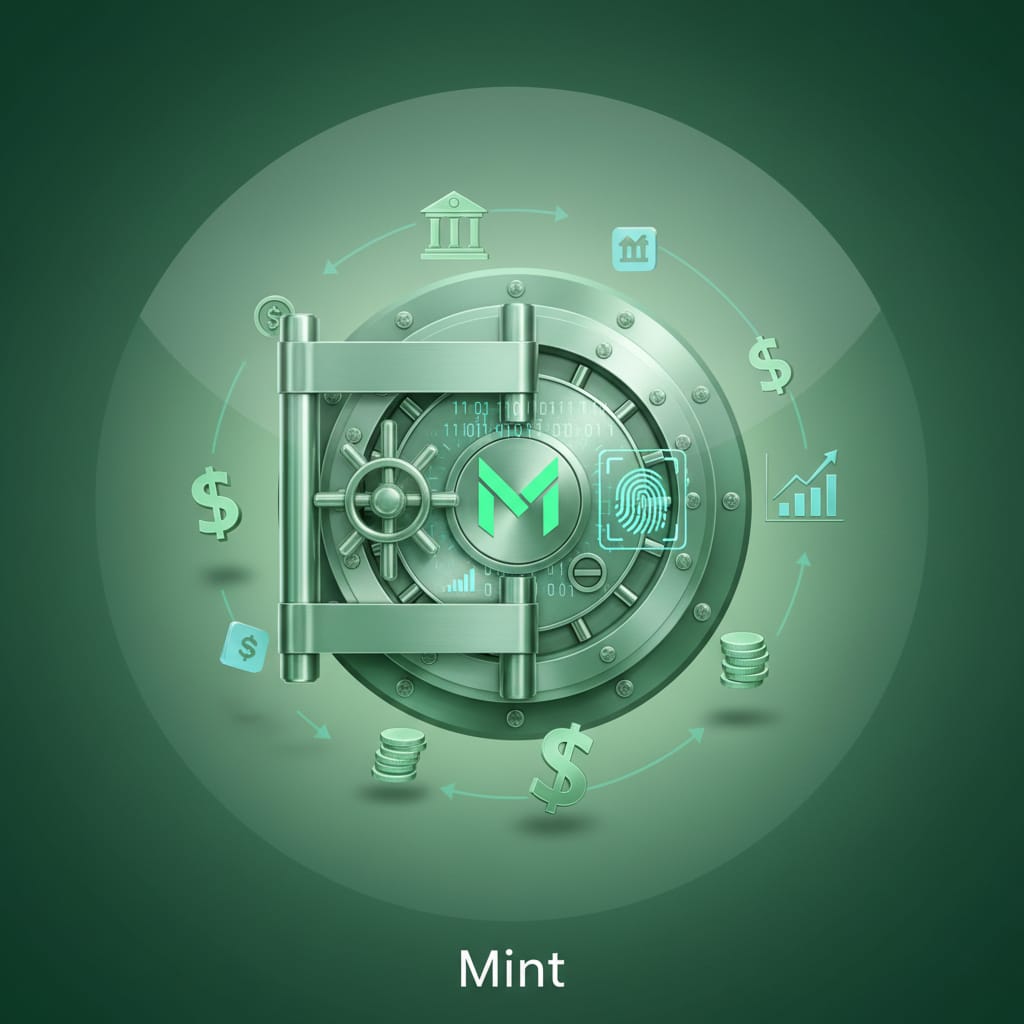 A sleek, circular app icon for the "Mint" budgeting app. It features a stylized, vintage-modern bank vault door in the center, rendered in metallic greens. The vault door has a prominent "M" logo in bright, glowing mint green, along with digital elements like binary code and a fingerprint scanner graphic. Surrounding the vault are various floating financial symbols, including dollar signs, upward-trending bar charts, and classic bank building icons, all subtly integrated into the design. The background is a smooth, subtle gradient transitioning from a lighter to a darker mint green, giving the icon a professional, trustworthy, and premium 3D feel with soft shadows.