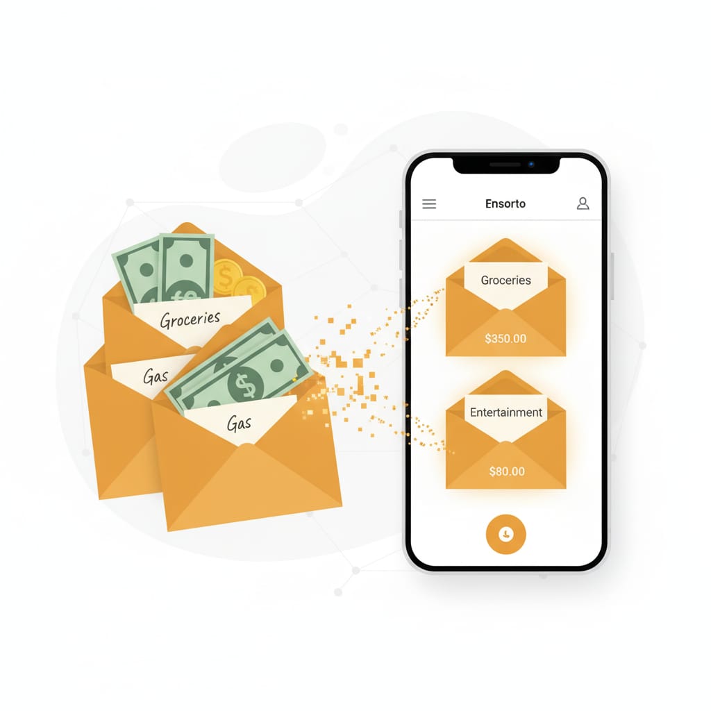 A professional illustration depicting the transition from traditional to digital envelope budgeting. On the left, two warm amber paper envelopes are shown, one labeled "Groceries" filled with dollar bills and coins, and another labeled "Gas" with dollar bills. From these physical envelopes, digital pixels in amber hues are shown "morphing" and flowing towards a modern smartphone on the right. The smartphone screen displays an app interface with two open digital envelopes, also in warm amber, labeled "Groceries" with "$350.00" and "Entertainment" with "$80.00." The background is clean white with subtle tech-inspired patterns, conveying a trustworthy and approachable financial advisory aesthetic that blends traditional methods with modern technology.