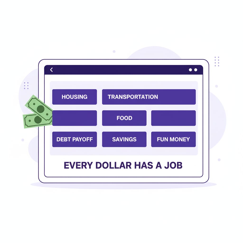 A professional, minimalist illustration visualizing zero-based budgeting. A clean white dashboard-like interface is shown with several purple digital containers or boxes, each labeled with a budgeting category such as "HOUSING," "TRANSPORTATION," "FOOD," "DEBT PAYOFF," "SAVINGS," and "FUN MONEY." A couple of dollar bills are shown being systematically placed or allocated into one of these containers on the left side. Below the containers, in bold typography, is the phrase "EVERY DOLLAR HAS A JOB." The overall style is clean, organized, and authoritative, using a professional purple and white color scheme, conveying a corporate finance training aesthetic inspired by Dave Ramsey's systematic approach.
