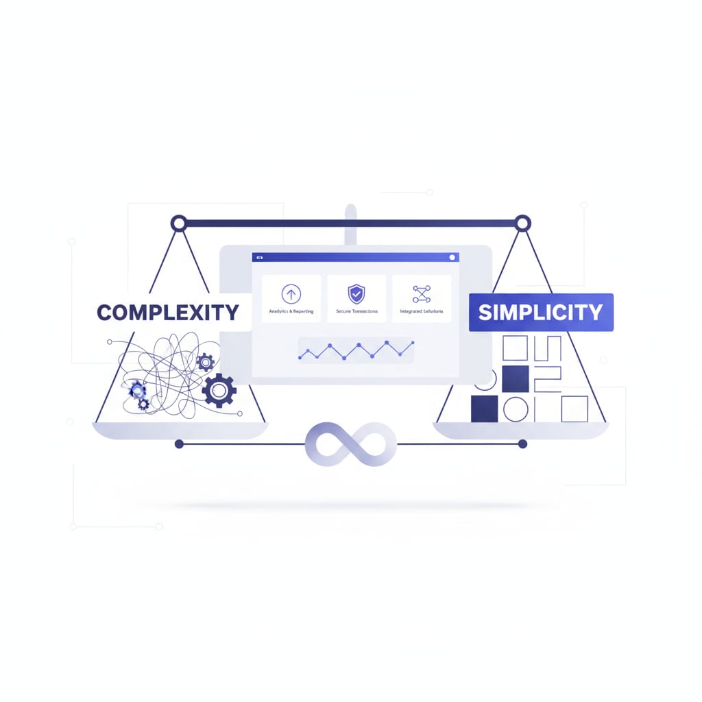 Conceptual illustration of a balance scale comparing “Complexity” and “Simplicity.” Left side shows tangled lines, gears, and network nodes symbolizing intricate systems. Right side features clean geometric shapes representing streamlined design. Centered digital interface highlights icons for “Analytics & Reporting,” “Security & Compliance,” and “Integration Capabilities.” An infinity symbol below suggests continuous balance and integration.