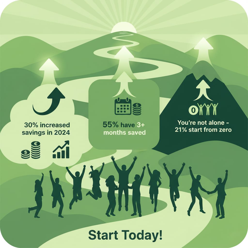 Green-themed infographic showing a winding path toward a bright horizon, symbolizing financial progress. Left section highlights “30% increased savings in 2024” with bar chart and dollar icons. Center shows “55% have 3+ months saved” with calendar and savings symbols. Right side reads “You're not alone – 21% start from zero” with group icon. Silhouetted figures celebrate below, with “Start Today!” encouraging action. Upward arrows and clean layout convey growth, hope, and community.