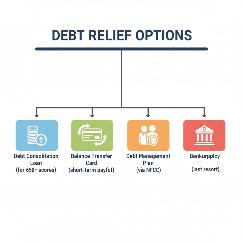 "Infographic titled 'Debt Relief Options' showing four illustrated methods to manage debt: Debt Consolidation Loan (for credit scores 650+), Balance Transfer Card (for short-term payoff), Debt Management Plan (via NFCC), and Bankruptcy (as a last resort). Each option is paired with a distinct icon for visual clarity—coins and arrow, credit card with transfer arrows, group with shield, and courthouse."