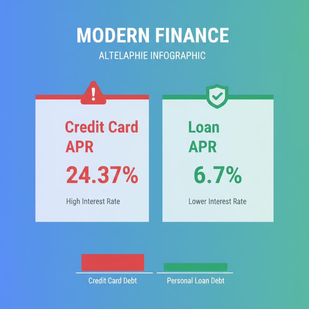 Infographic titled "MODERN FINANCE" by ALTELAPHIE INFOGRAPHIC, comparing interest rates of credit card debt and personal loans. On the left, a red warning icon highlights Credit Card APR: 24.37% with the label High Interest Rate. On the right, a green shield icon shows Loan APR: 6.7% with the label Lower Interest Rate. A bar graph at the bottom visually contrasts the two: a tall red bar for Credit Card Debt and a shorter green bar for Personal Loan Debt, emphasizing the cost-saving potential of personal loans.