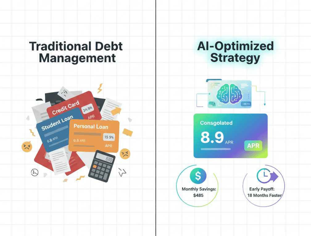 An infographic comparing Traditional Debt Management and AI-Optimized Strategy. The left side, "Traditional Debt Management," shows a messy stack of loan cards (Credit Card 24.9% APR, Student Loan 6.8% APR, Personal Loan 15.9% APR), cluttered papers, a calculator, and stress icons in dull red/gray tones. The right side, "AI-Optimized Strategy," features a clean, consolidated loan card with 8.9% APR, icons indicating "$485 Monthly Savings" and "Early Payoff: 18 Months Faster." Above it, an AI brain with a futuristic dashboard glows in teal, purple, and neon green. The overall style is a clean, minimal, flat vector infographic with modern gradients on a white background.
