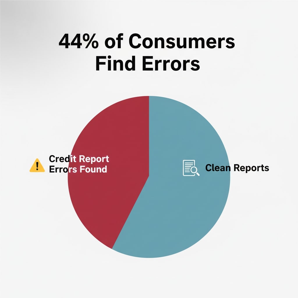 Infographic: A pie chart shows that 44% of consumers find errors in their credit reports (red slice labeled 'Credit Report Errors Found' with a warning sign icon), while 56% have clean reports (blue slice labeled 'Clean Reports' with a document and magnifying glass icon). The bold title at the top reads '44% of Consumers Find Errors'."