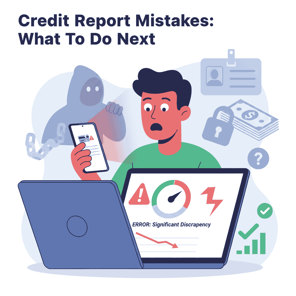 An infographic illustration with the title "Credit Report Mistakes: What To Do Next." A person with a shocked expression is looking at a laptop and phone, both displaying credit reports with prominent red warning signs and a credit score dial showing a significant drop. In the background, faint blue silhouettes of a shadowy figure, an ID card, a stack of money secured with a padlock, and a question mark icon suggest identity theft or fraud. To the right, a green checkmark and an upward-trending bar graph symbolize problem resolution and hope.