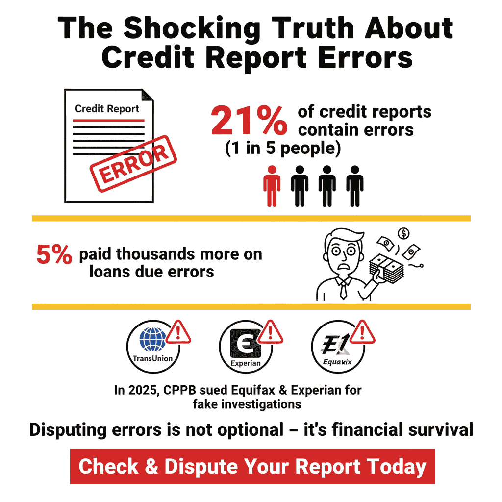 An infographic titled "The Shocking Truth About Credit Report Errors." The top section shows a credit report document with a red "ERROR" stamp and the statistic "21% of credit reports contain errors (1 in 5 people)," accompanied by five human figures, one of which is highlighted in red. The middle section states "5% paid thousands more on loans due errors," with an illustration of a stressed person looking at money flying away. The bottom section displays symbolic icons for TransUnion, Experian, and Equifax, each with a warning sign, and mentions, "In 2025, CPPB sued Equifax & Experian for fake investigations." It concludes with the text "Disputing errors is not optional – it's financial survival" and a call to action: "Check & Dispute Your Report Today."