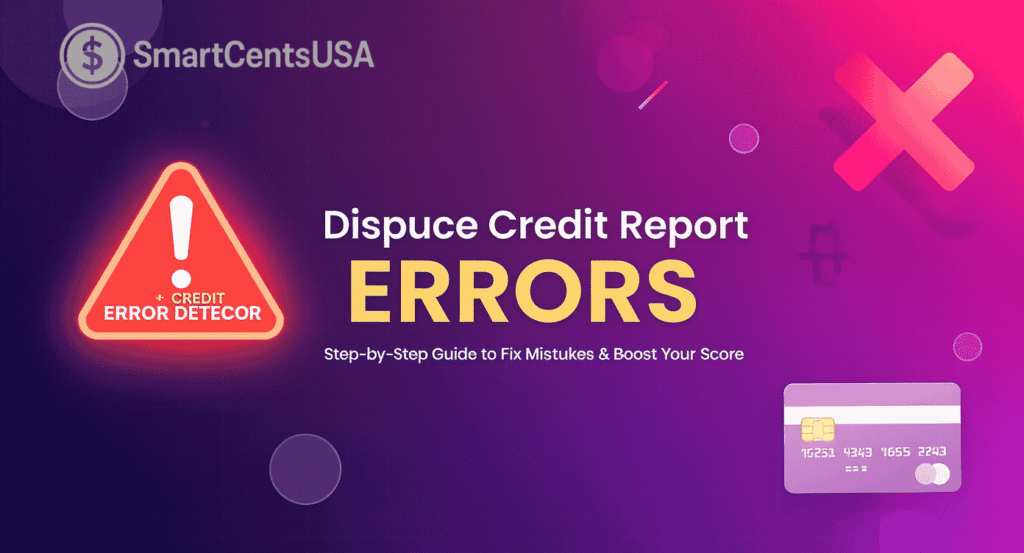 "Bold purple-pink gradient graphic with SmartcentsUSA logo in the top-left corner. Visual elements include a warning triangle, red 'X', and stylized credit card. Central headline reads: 'How to Dispute Credit Report Errors – Step-by-step guide to fix mistakes and boost your score.' Designed to highlight SmartcentsUSA’s trusted guidance on resolving credit inaccuracies and improving financial health."