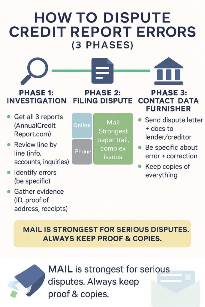 Infographic titled “How to Dispute Credit Report Errors (3 Phases)” with a horizontal flowchart layout and flat icons in blue, green, and gray.  
- Phase 1: Investigation (magnifying glass icon):  
  - Get all 3 reports (AnnualCreditReport.com)  
  - Review line by line (info, accounts, inquiries)  
  - Identify errors (be specific)  
  - Gather evidence (ID, proof of address, receipts)  
- Phase 2: Filing Dispute (document icon):  
  - Three methods shown side-by-side:  
    - Online: Fastest, simplest errors  
    - Mail: Strongest paper trail, complex issues  
    - Phone: Quick start, weak proof  
- Phase 3: Contact Data Furnisher (bank building icon):  
  - Send dispute letter + docs to lender/creditor  
  - Be specific about error + correction  
  - Keep copies of everything  
- Footer box in beige: “Mail is strongest for serious disputes. Always keep proof & copies.”