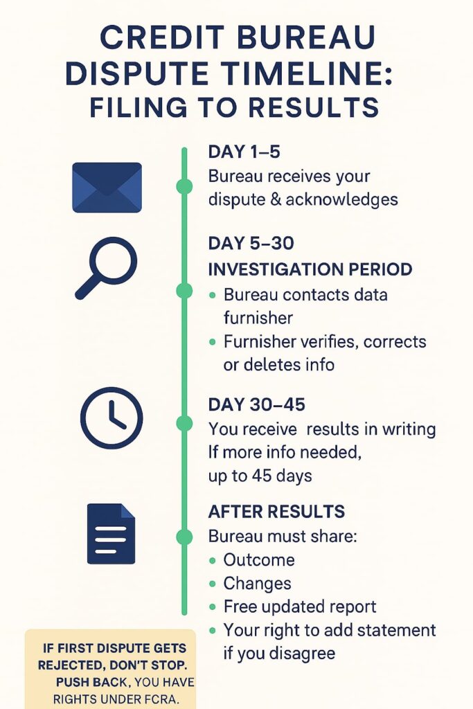 Vertical infographic titled “Credit Bureau Dispute Timeline: Filing to Results” with four stages marked by icons and date ranges, connected by a green timeline line:

- Day 1–5 (📩 Envelope icon): Bureau receives your dispute and sends acknowledgment.
- Day 5–30 (🔍 Magnifying glass icon): Investigation period begins. Bureau contacts data furnisher, who verifies, corrects, or deletes the disputed info.
- Day 30–45 (🕒 Clock icon): You receive written results. If more information is needed, the process may extend to 45 days.
- After Results (📄 Document icon): Bureau must share the outcome, any changes, a free updated report, and your right to add a personal statement if you disagree.

Footer Highlight: Beige box with bold text: “If first dispute gets rejected, don’t stop. Push back, you have rights under FCRA.”