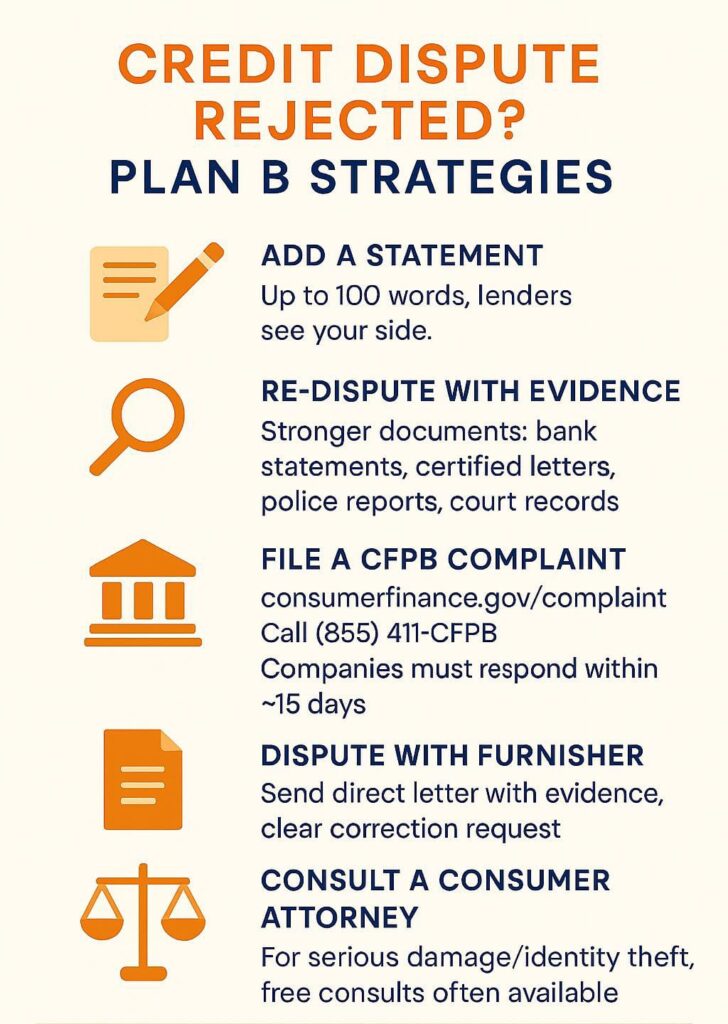 Vertical infographic titled “Credit Dispute Rejected? Plan B Strategies” with a cream background and orange/navy color scheme.  
Five strategies are listed top to bottom, each with a bold navy header, orange icon, and short description:

1. Add a Statement (📝 icon):  
   “Up to 100 words, lenders see your side.”

2. Re-Dispute with Evidence (📂 icon):  
   “Stronger documents: bank statements, certified letters, police reports, court records.”

3. File a CFPB Complaint (🏛 icon):  
   “consumerfinance.gov/complaint | Call (855) 411-CFPB. Companies must respond within ~15 days.”

4. Dispute with Furnisher (🏦 icon):  
   “Send direct letter with evidence, clear correction request.”

5. Consult a Consumer Attorney (⚖ icon):  
   “For serious damage/identity theft, free consults often available.”