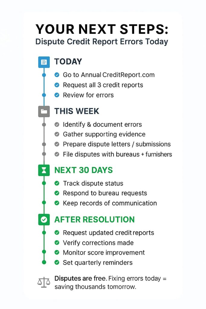 Alt Text:  
A vertical infographic titled “Your Next Steps: Dispute Credit Report Errors Today” presents a four-stage timeline with checklist icons and color-coded steps.  

- Stage 1: Today (📄, blue)  
  - Go to AnnualCreditReport.com  
  - Request all 3 credit reports  
  - Review for errors  

- Stage 2: This Week (🗂, gray)  
  - Identify & document errors  
  - Gather supporting evidence  
  - Prepare dispute letters/submissions  
  - File disputes with bureaus and furnishers  

- Stage 3: Next 30 Days (⏳, green)  
  - Track dispute status  
  - Respond to bureau requests  
  - Keep records of communication  

- Stage 4: After Resolution (✅, green)  
  - Request updated credit reports  
  - Verify corrections made  
  - Monitor score improvement  
  - Set quarterly reminders  

At the bottom, a gray justice scale icon accompanies the message:  
“⚖ Disputes are free. Fixing errors today = saving thousands tomorrow.”  
The design is clean, mobile-friendly, and uses blue for trust, green for progress, and gray for neutral tasks.
