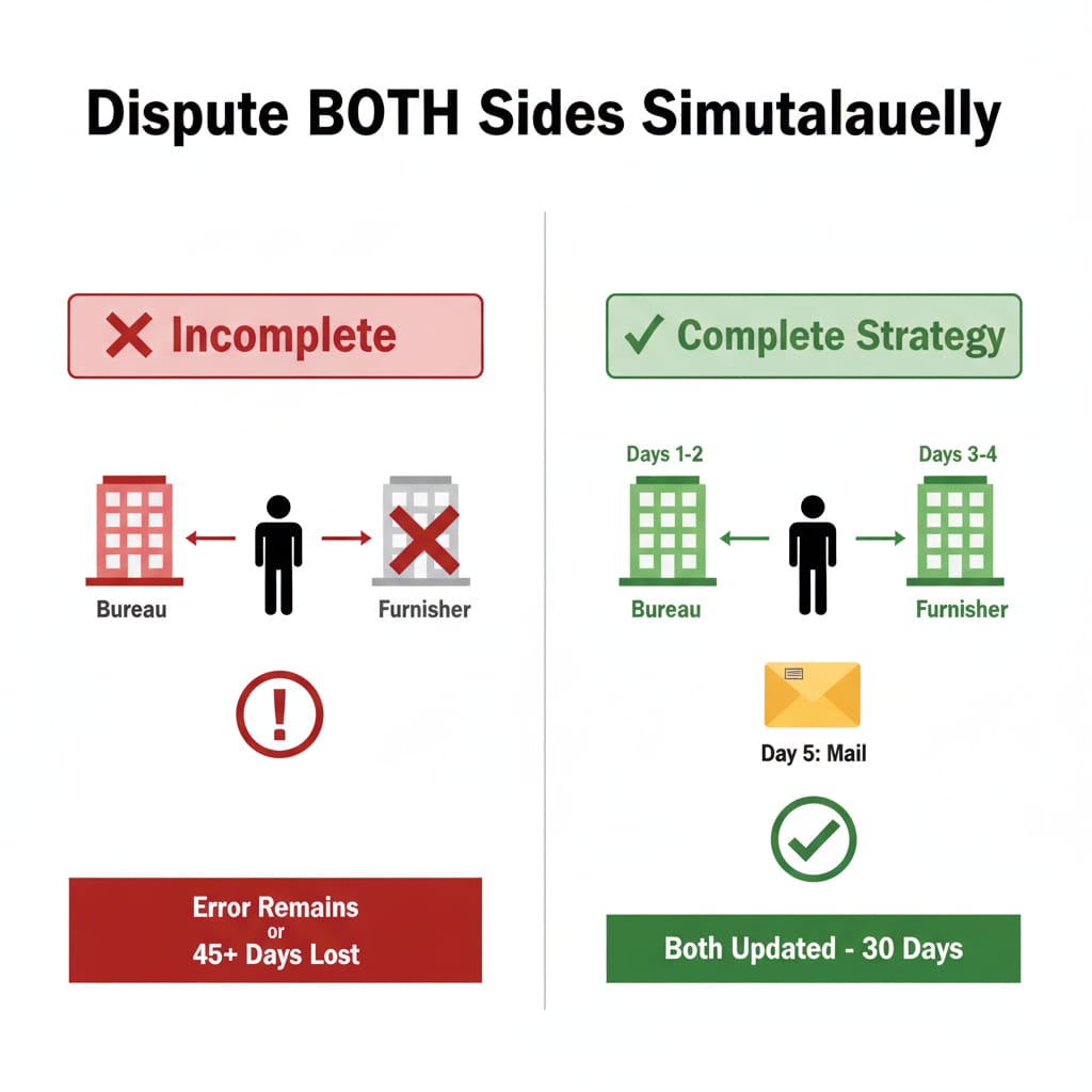 "Comparison chart showing two credit dispute methods. Left side labeled 'Incomplete' shows a red 'X' and slow Bureau-only process with 'Error Remains or 45+ Days Lost.' Right side labeled 'Complete Strategy' shows a green checkmark and timeline for contacting both Bureau and Furnisher, resolving errors in 30 days. SmartcentsUSA logo in top-left corner signals trusted guidance for faster, more effective credit fixes."