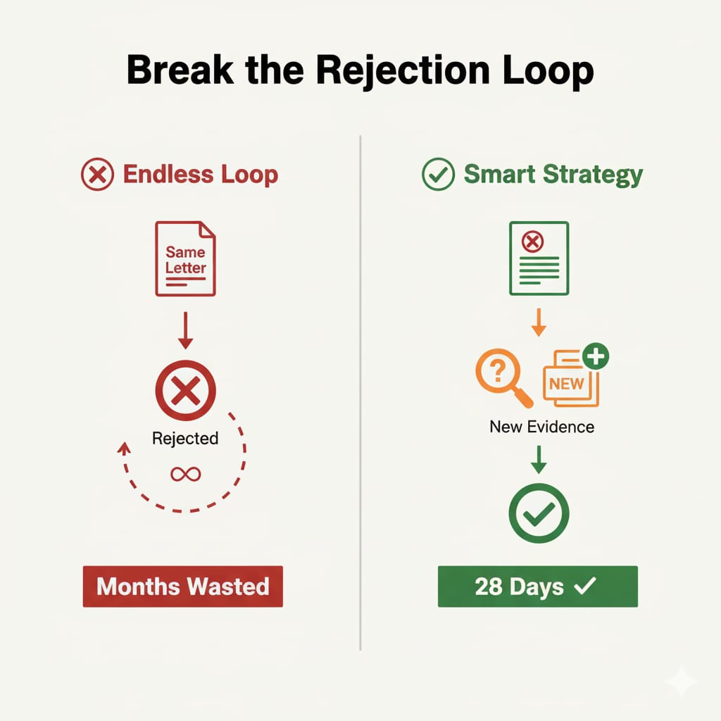 "Side-by-side flowchart comparing two rejection-handling strategies. Left side shows a red 'Endless Loop' with repeated 'Same Letter' and 'Rejected' stamps, labeled 'Months Wasted.' Right side shows a green 'Smart Strategy' with 'New Evidence' leading to approval in '28 Days.' SmartcentsUSA logo in top-left corner reinforces the brand’s focus on efficient, evidence-based financial solutions."