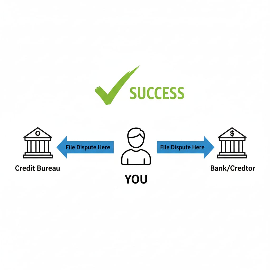 "Diagram showing the successful credit dispute process. A central figure labeled 'YOU' is flanked by icons for 'Credit Bureau' and 'Bank/Creditor,' each with arrows labeled 'File Dispute Here' pointing inward. A green checkmark and the word 'SUCCESS' appear above, signaling resolution. SmartcentsUSA logo in the top-left corner reinforces trusted, dual-path strategy for correcting credit report errors efficiently."