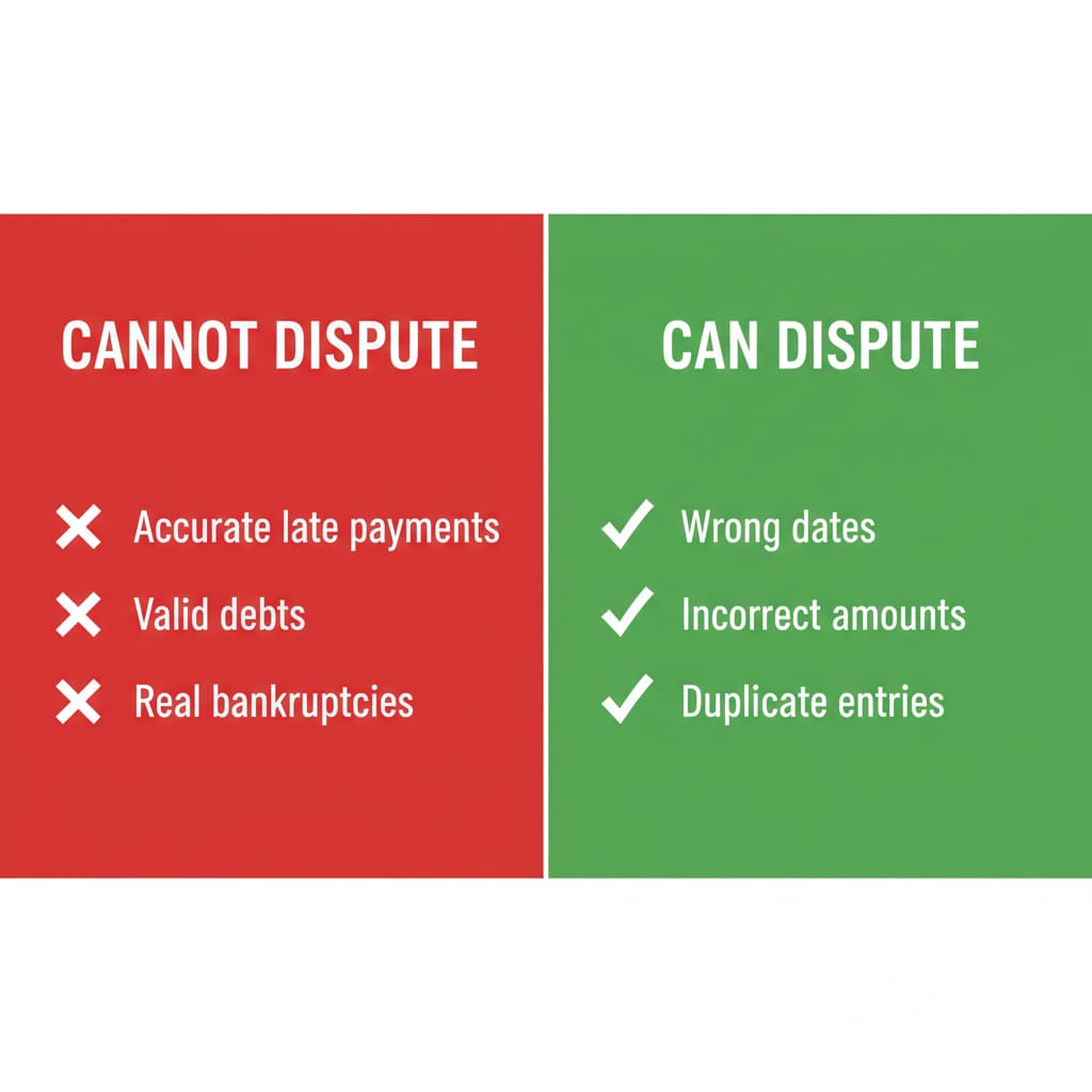 "A two-column infographic titled 'Cannot Dispute' on a red background and 'Can Dispute' on a green background. Under 'Cannot Dispute' with red X marks are 'Accurate late payments,' 'Valid debts,' and 'Real bankruptcies.' Under 'Can Dispute' with green checkmarks are 'Wrong dates,' 'Incorrect amounts,' and 'Duplicate entries.'"