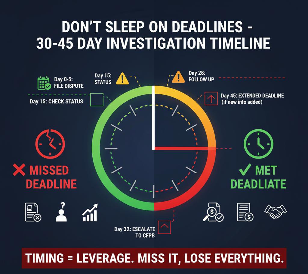 
"A dark, urgent infographic titled 'Don't Sleep on Deadlines - 30-45 Day Investigation Timeline.' A large central circular clock visually represents the timeline, divided into green (safe), yellow/orange (critical), and red (danger) zones. Key markers around the clock indicate: Day 0-5 'File Dispute,' Day 15 'Check Status,' Day 28 'Follow Up,' Day 30 'Bureau Deadline,' Day 32 'Escalate to CFPB,' and Day 45 'Extended Deadline.'
To the left, under 'Missed Deadline,' a broken clock and icons depict negative consequences like loan denied, job lost, and higher interest rates. To the right, under 'Met Deadline,' a complete clock with a checkmark and icons show positive outcomes like approval and corrected reports.
At the bottom, warning boxes include '⚠ 7-Year Rule: Don't restart the clock,' '⚠ Old Debts: Statute of limitations risk,' and '🚨 Identity Theft: Act within 24-48 hours.' A prominent bottom banner reads: 'TIMING = LEVERAGE. MISS IT, LOSE EVERYTHING.'"