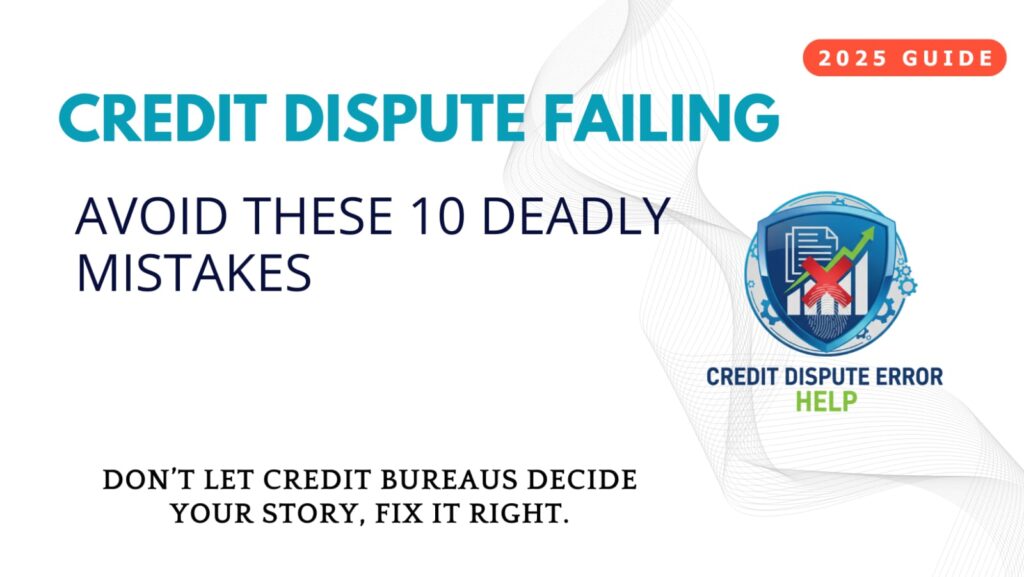 "Promotional graphic titled '2025 Guide: Credit Dispute Failing' warning viewers to avoid 10 deadly mistakes when learning how to fix mistakes on credit report. Features a shield logo with chart, checkmark, and document icons labeled 'Credit Dispute Error Help.' Bottom tagline reads: 'Don’t let credit bureaus decide your story, fix it right.'"