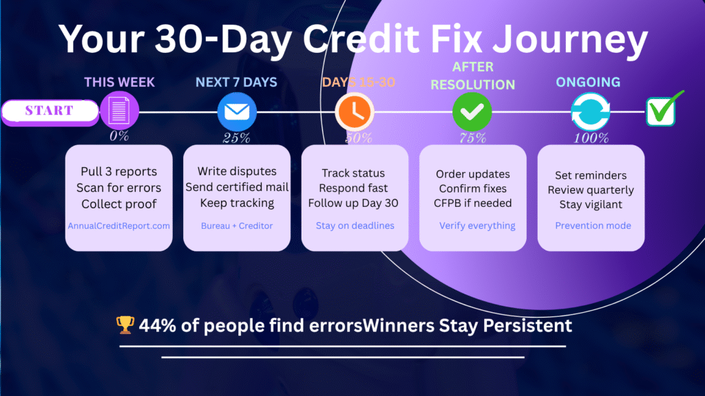 Step-by-step visual guide titled 'Your 30-Day Credit Fix Journey' showing how to fix mistakes on credit report through five phases: pulling reports, writing disputes, tracking responses, confirming resolutions, and ongoing vigilance. Includes icons, progress percentages, and a motivational message: '44% of people find errors, Winners Stay Persistent.'"